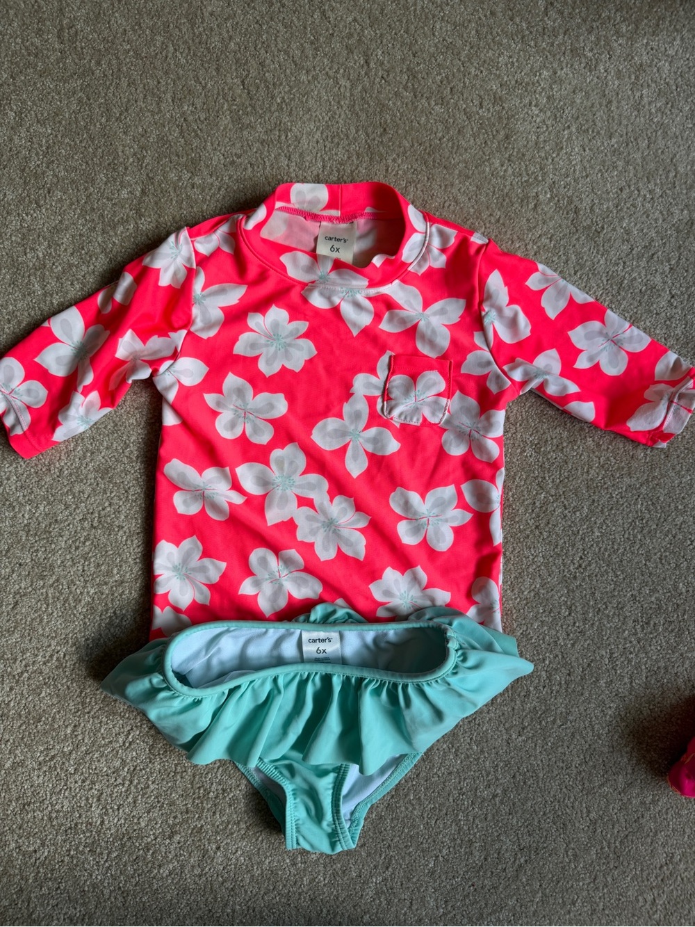 Carter's Hot Pink Floral Rashguard with Turquoise Ruffle Bikini Bottoms